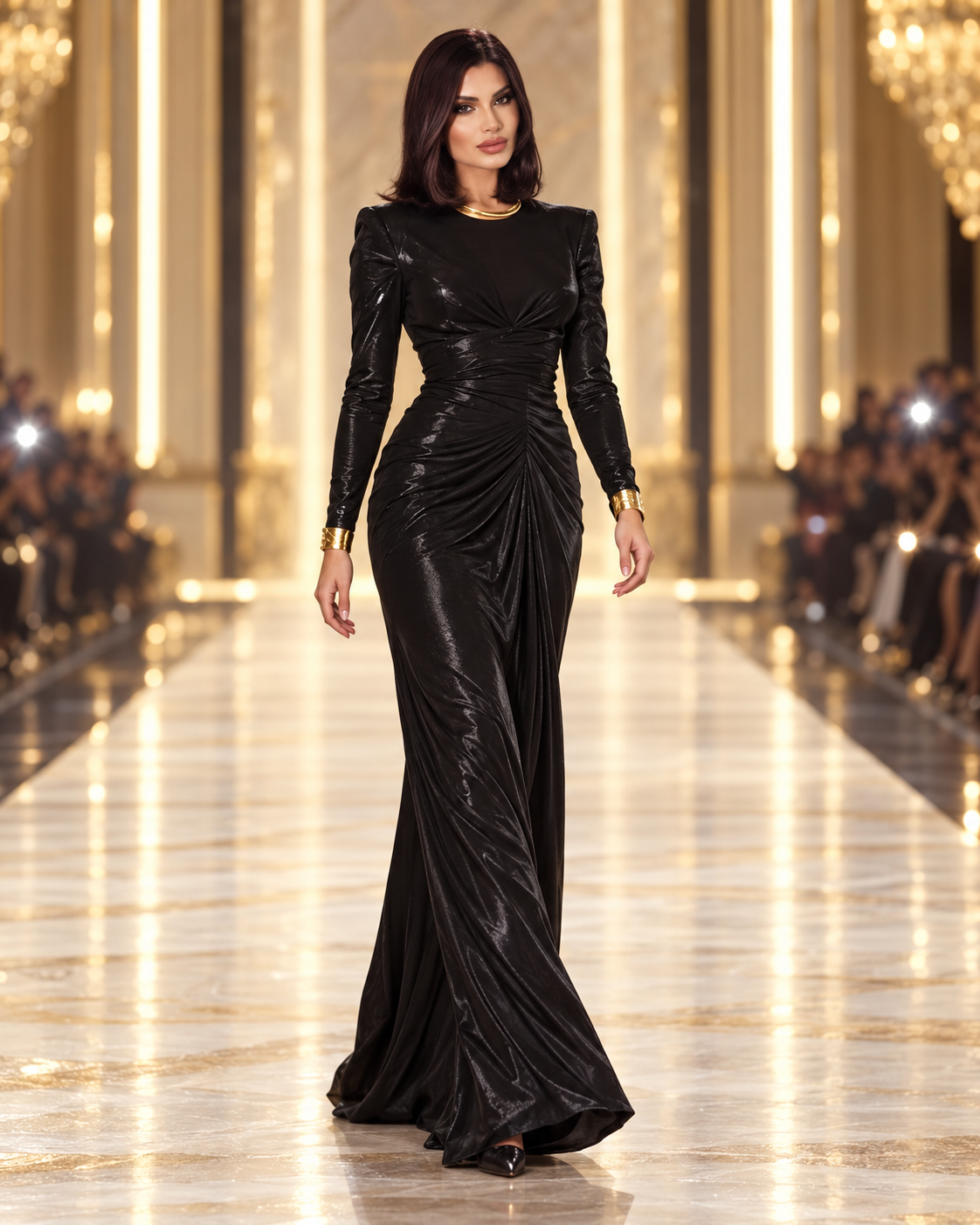 Deep V Long Sleeve Pleated Maxi Dress