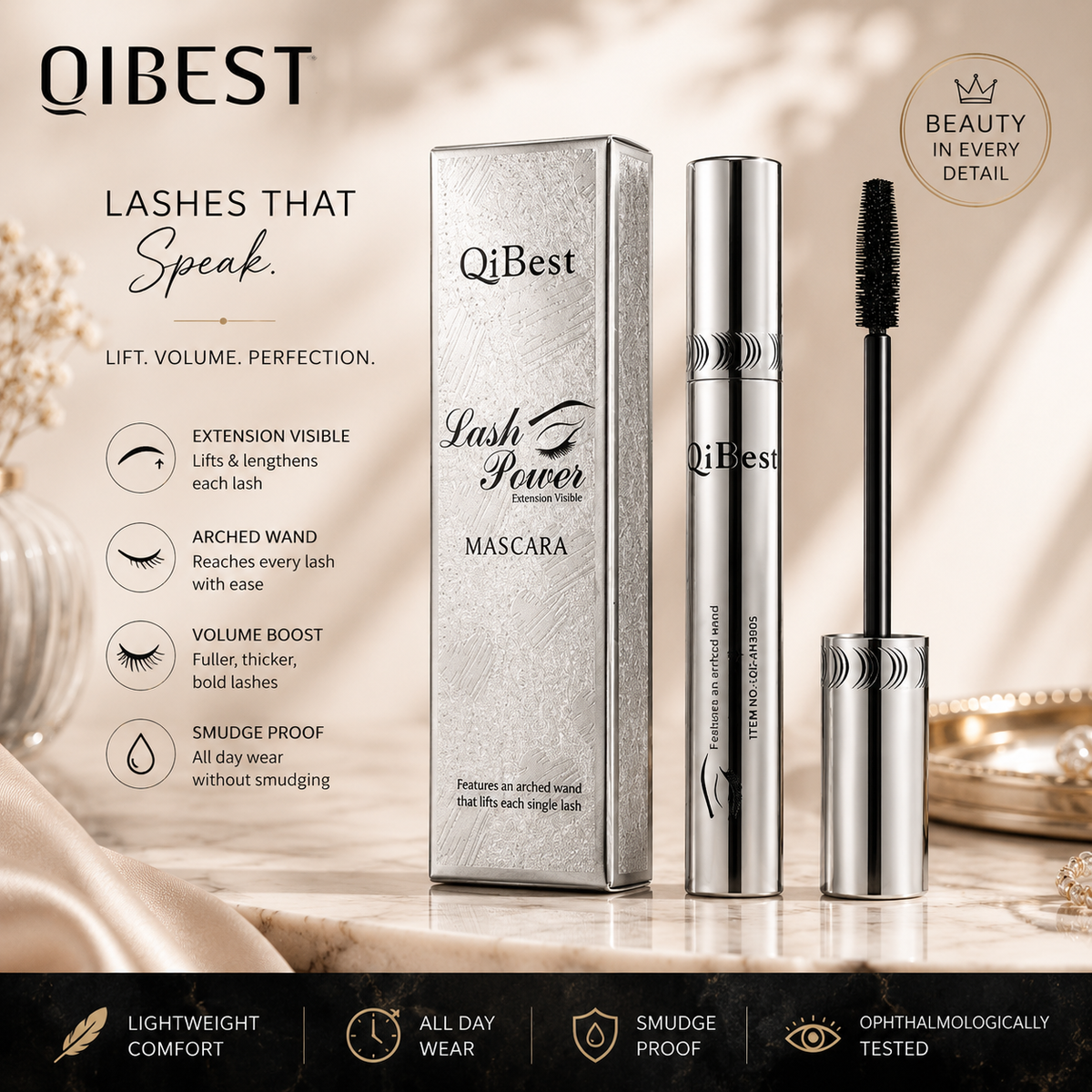 QIBEST Black Mascara Eyelashes Mascara 4D Silky Eyelashes Lengthening