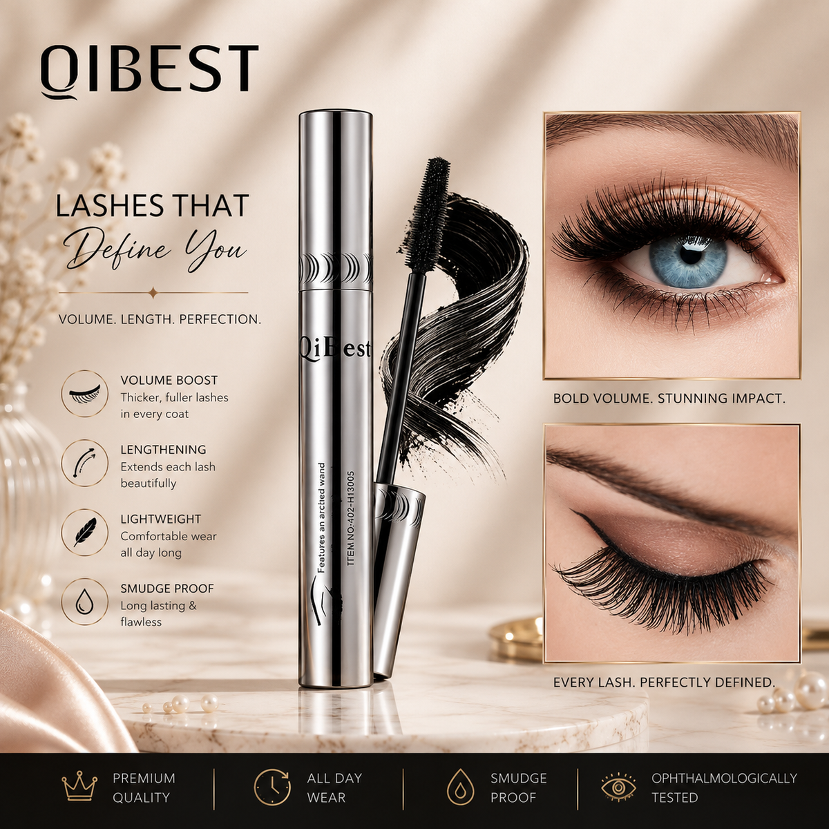 QIBEST Black Mascara Eyelashes Mascara 4D Silky Eyelashes Lengthening