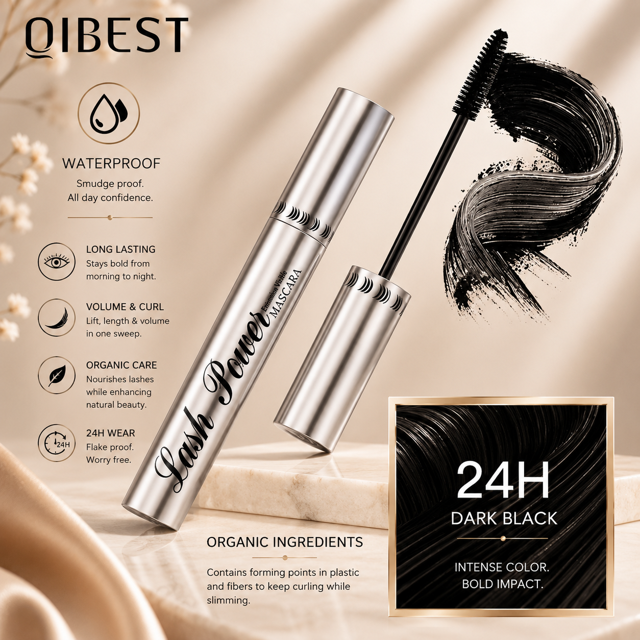 QIBEST Black Mascara Eyelashes Mascara 4D Silky Eyelashes Lengthening