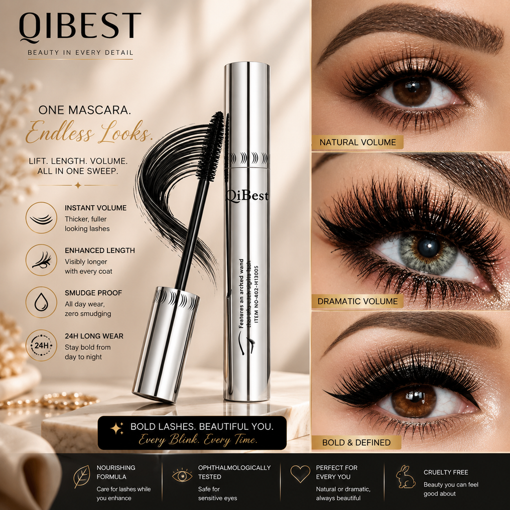QIBEST Black Mascara Eyelashes Mascara 4D Silky Eyelashes Lengthening
