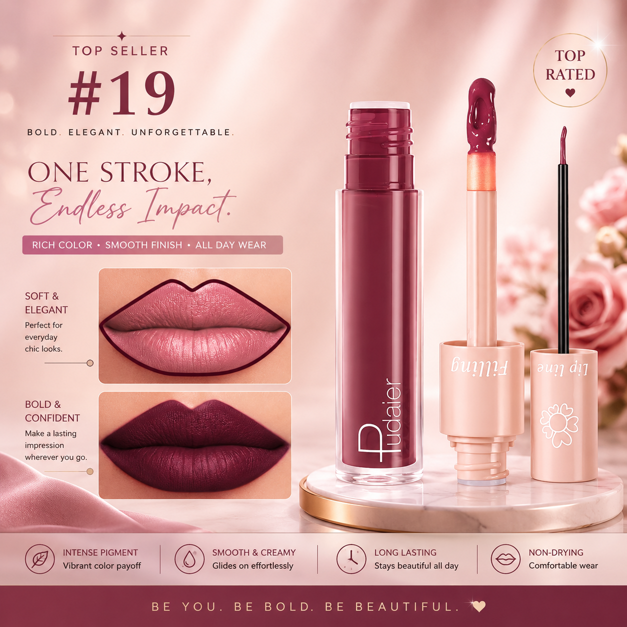 Pudaier Duo Lip Liner & Matte Liquid Lipstick - Color #19 Sangria