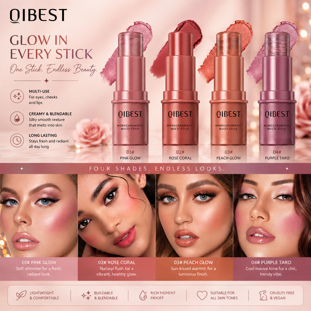 3-in-1 Cheek Blush Stick Lip Tinted Eyes Cheek Lips Brighten Cream