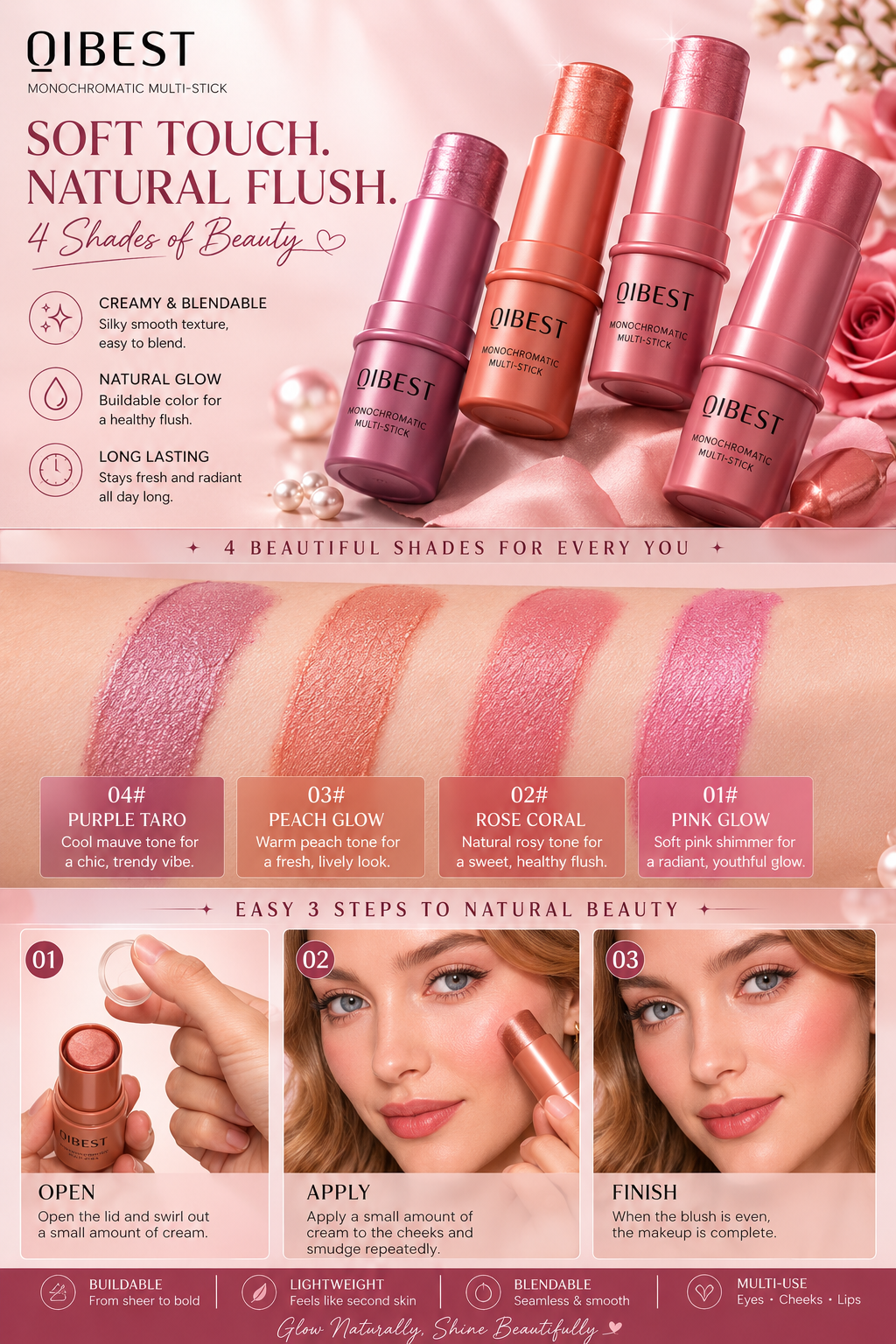 3-in-1 Cheek Blush Stick Lip Tinted Eyes Cheek Lips Brighten Cream