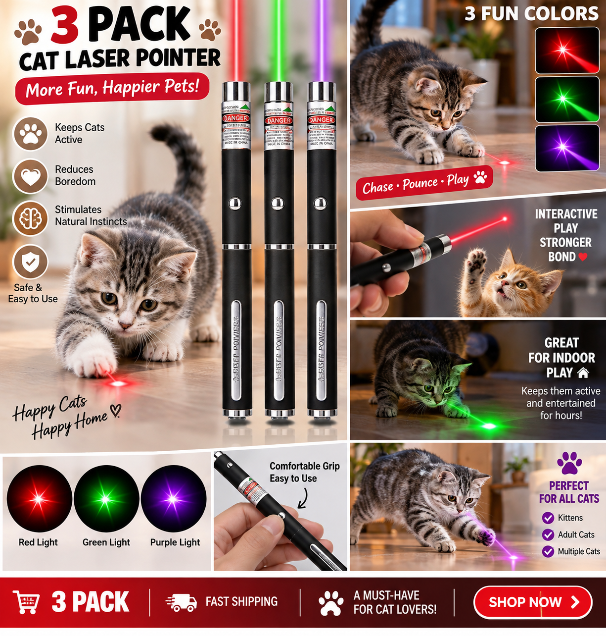 3 Packs 900Mile Laser Pointer Pen Green Blue Red Light Visible Beam