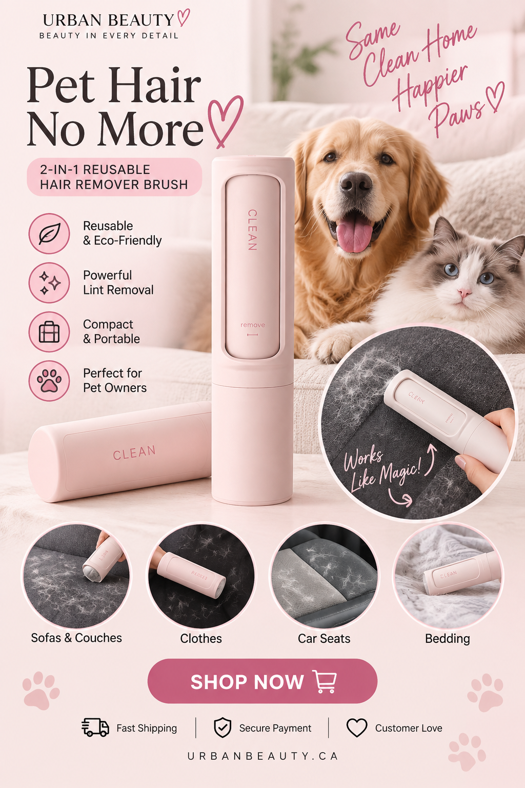 2-1 Reusable Pet Hair Remover Brush Lint Roller Portable
