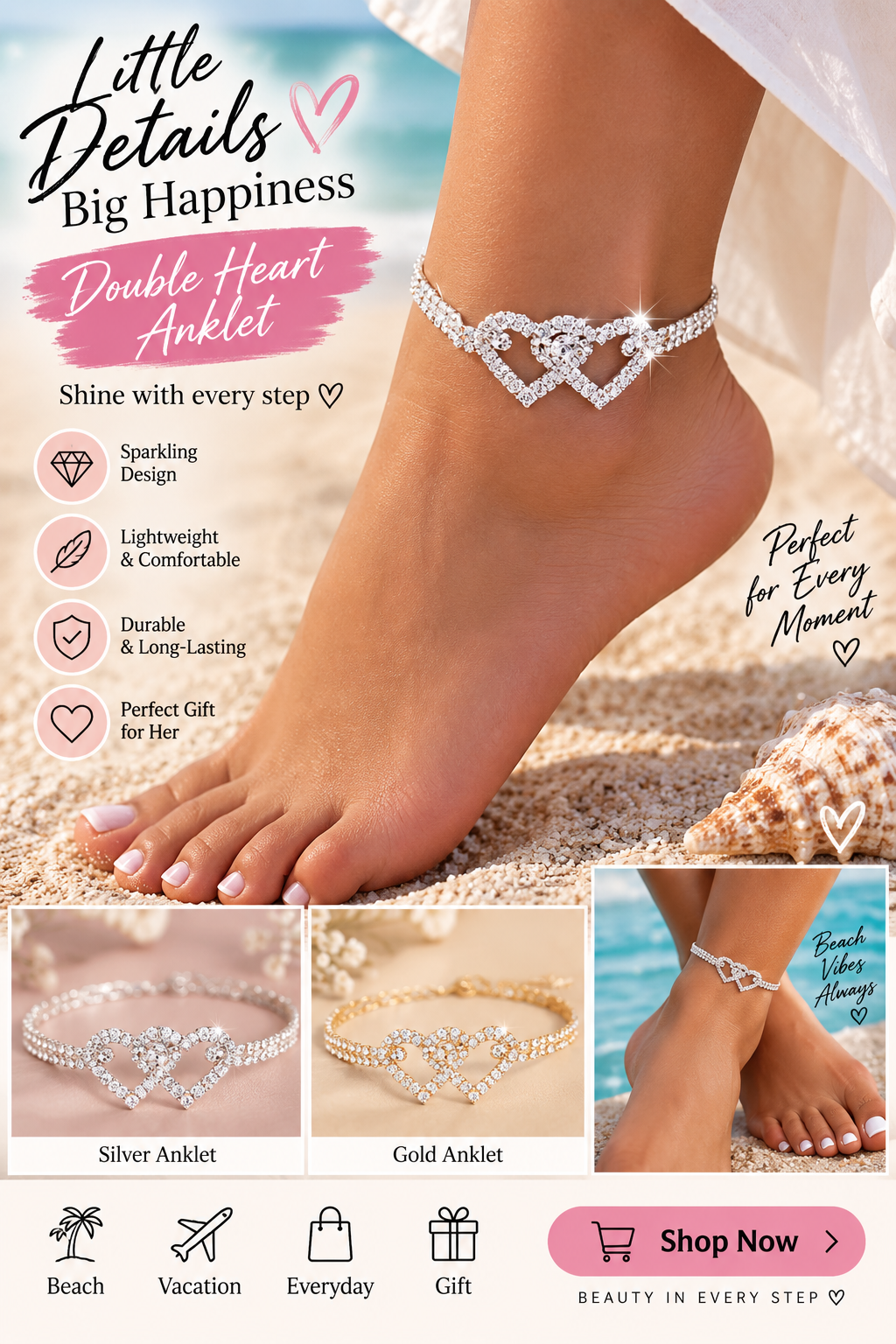 Double Heart Anklet Bracelet for Women Beach Ankles Jewelry