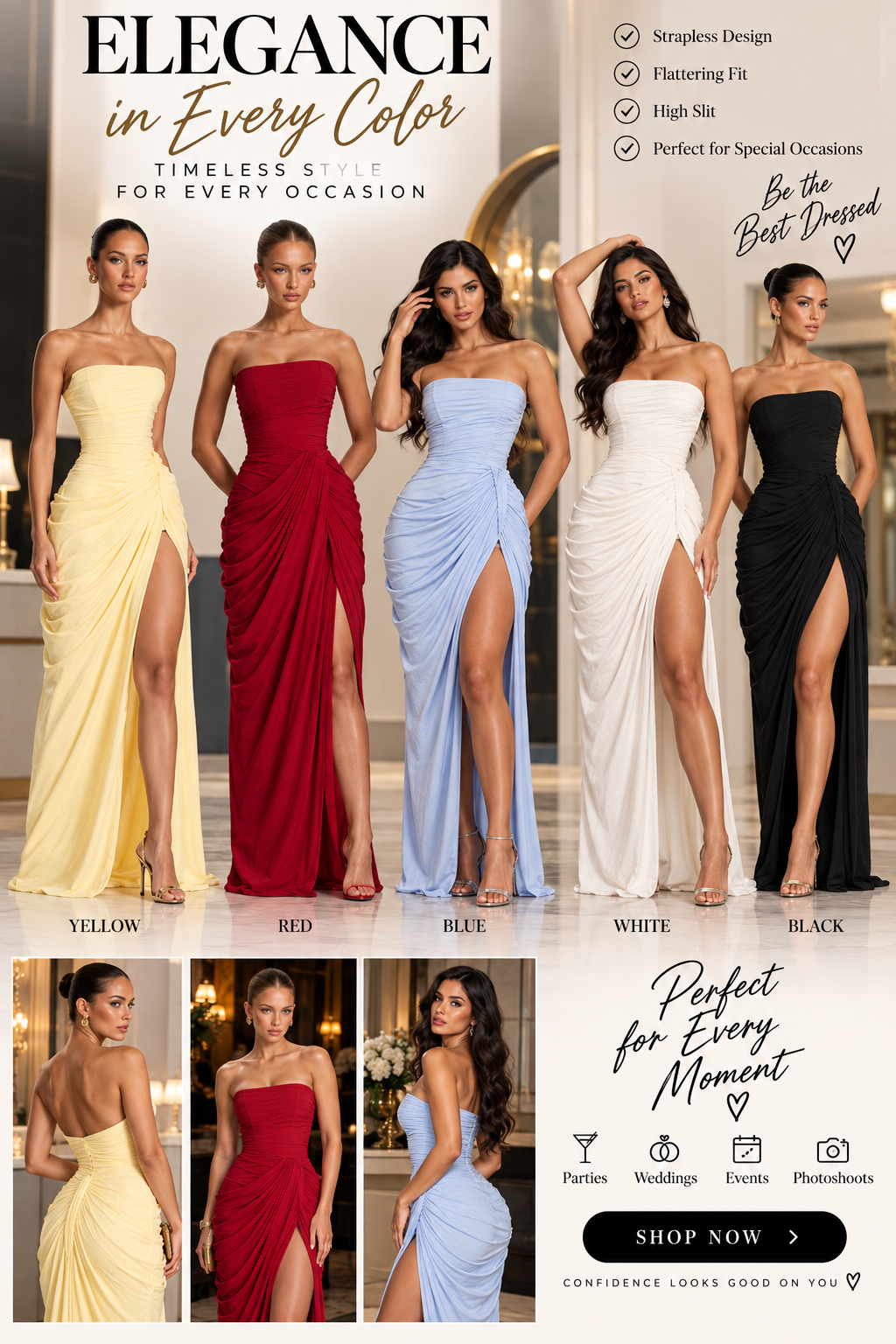 French Style Romantic Strapless Pleated Slit Dress - Women's Elegant Evening Gown For Summer Party Wedding Dresses