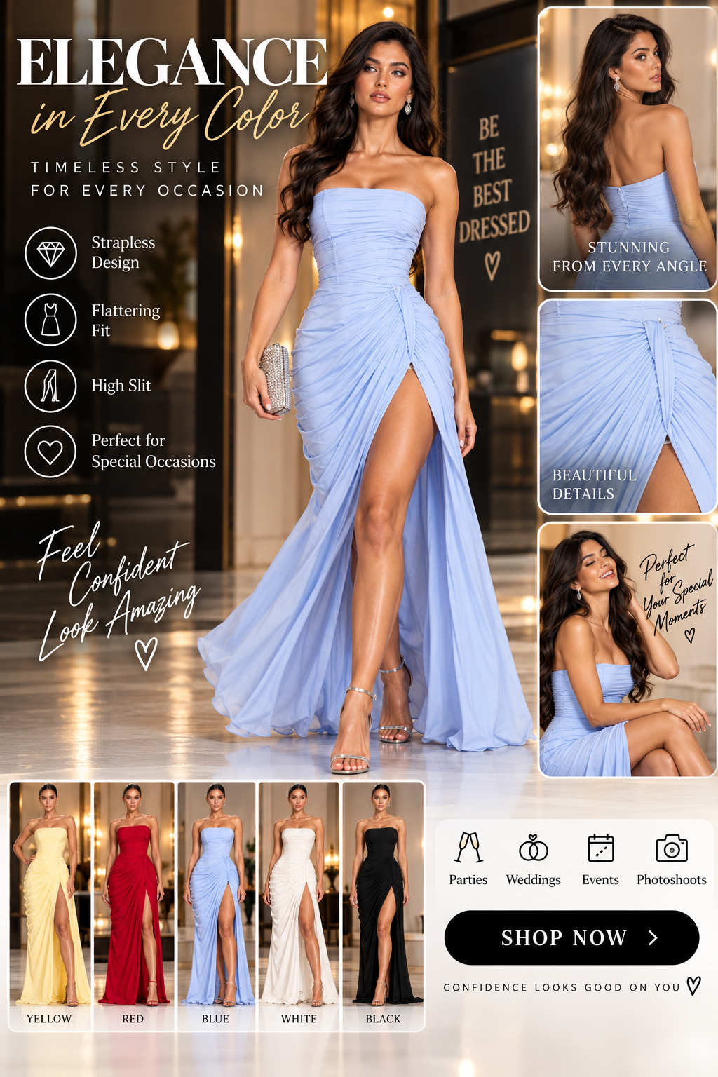 French Style Romantic Strapless Pleated Slit Dress - Women's Elegant Evening Gown For Summer Party Wedding Dresses