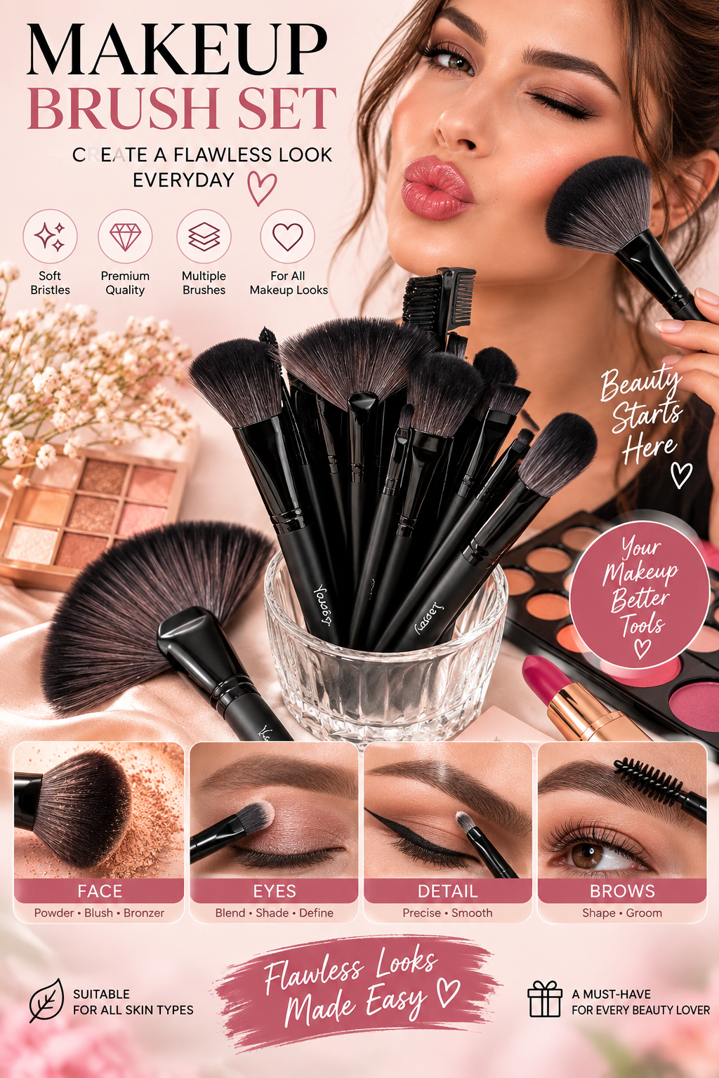 32pcs Facial Eye Shadow Eyeliner Foundation Makeup Brush Set