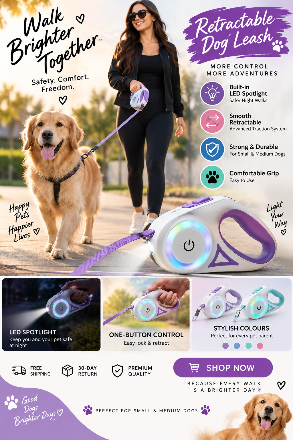 Dog Leash Retractable Leash And Dog Collar Spotlight Automatic Pet Dog Cat Traction Rope For Small Medium Dogs Pet Product
