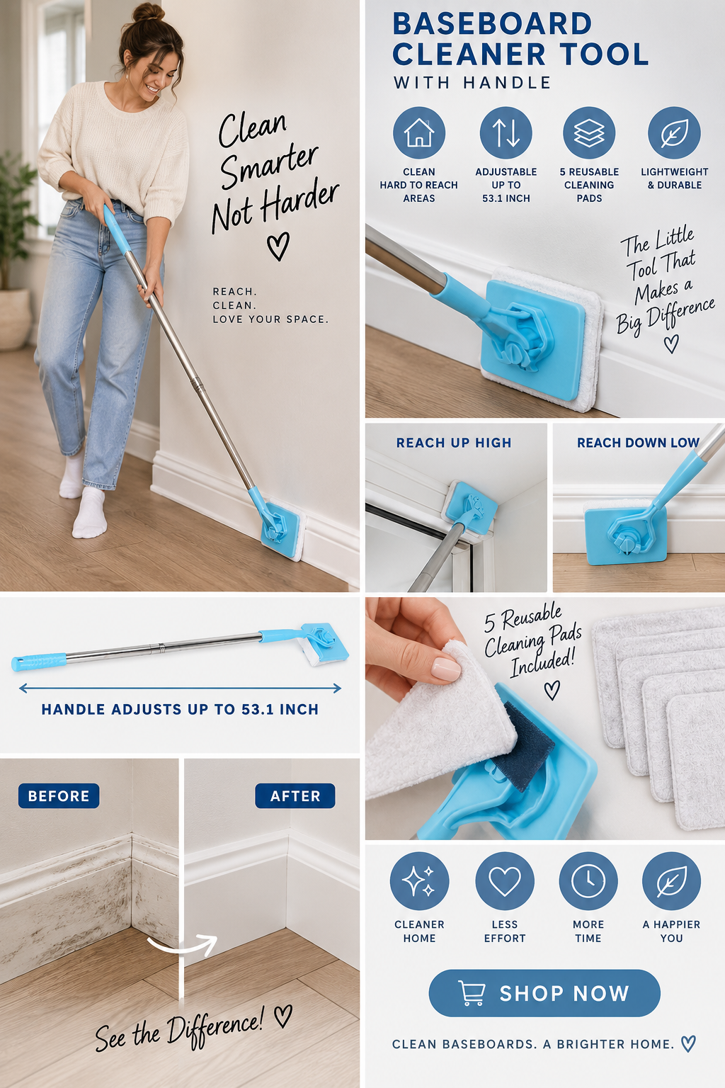 Baseboard Buddy Retractable Household Universal Cleaning Brush Mop