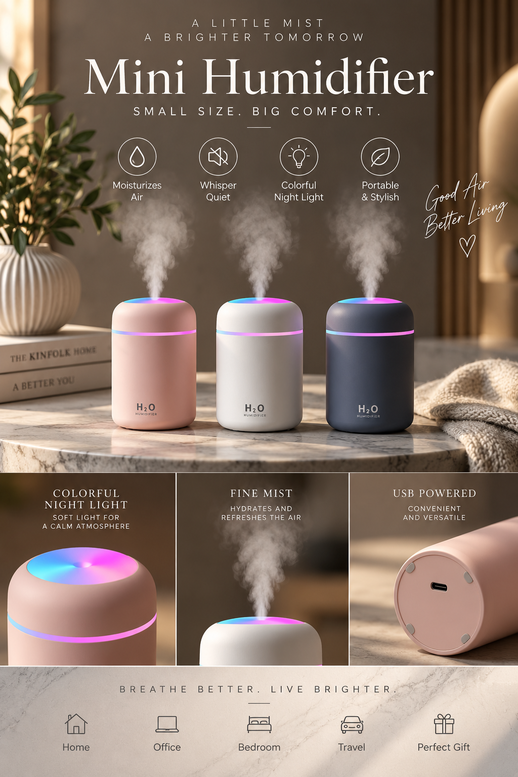 Portable Air Humidifier Aroma Essential Oil Diffuser for Car Home